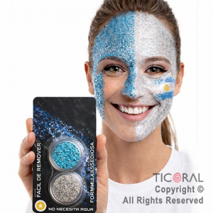 MAQUILLAJE ARTISTICO GLITTER CELESTE Y PLATEADO (BLISTER X 2 UNID - 4 GR) (PACK X 3 BLISTERS)